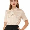 Allegra K Women's Satin Tie Neck Blouse Office Button Down Short Sleeve Silky Elegant Top Shirt
