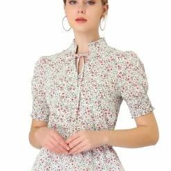 Allegra K Women's Ruffle Neck Tie Front Smocked Floral Peplum Top