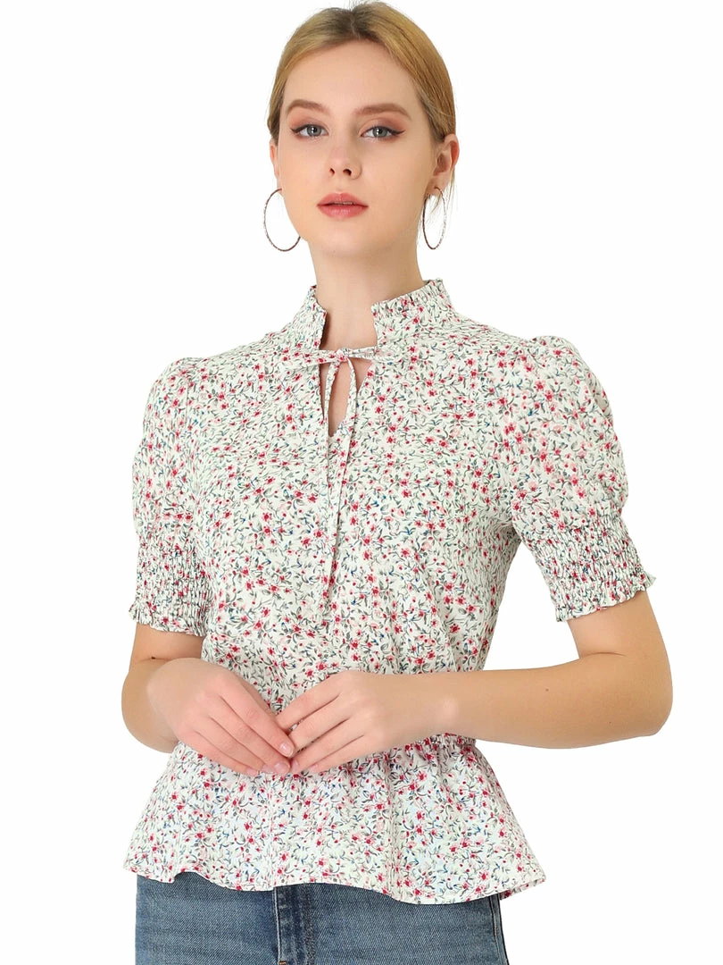 Allegra K Women's Ruffle Neck Tie Front Smocked Floral Peplum Top 3 Allegra K Women's Ruffle Neck Tie Front Smocked Floral Peplum Top