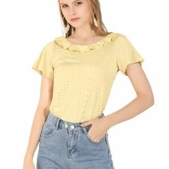 Allegra K Women's T-shirt Ruffle Neck Short Sleeve Blouse Top