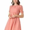 Allegra K Women's Round Neck Puff Sleeve High Waist Babydoll Mini Dress