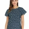 Allegra K Women's Cute Leaf Print Top Blouse Round Neck Short Sleeve Work Office Shirt