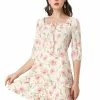 Allegra K Women's Floral Print Bow Tie Neck 3/4 Sleeve Layered Mini Dress