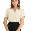 Allegra K Women's Choker V Cut-Out Split-Neck Casual Slashed Cuffs Top