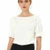 Allegra K Women's Round Neck Short Puff Sleeves Ruffle Top Blouses