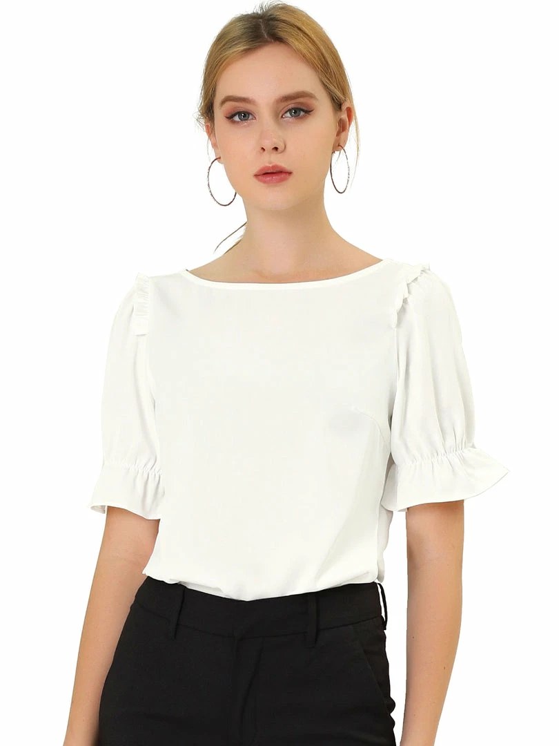 Allegra K Women's Round Neck Short Puff Sleeves Ruffle Top Blouses 3 Allegra K Women's Round Neck Short Puff Sleeves Ruffle Top Blouses