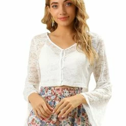 Allegra K Women's Lace See Through Top V Neck Bell Sleeve Elegant Crop Blouse