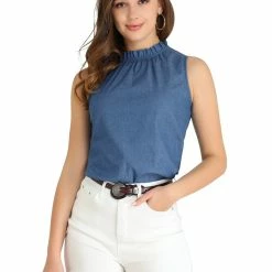 Allegra K Women's Frill Trim Mock Neck Ruffled Sleeveless Casual Summer Top Blouse