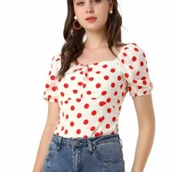 Allegra K Women's Polka Dots Sweetheart Neck Bow Tie Sweet Top