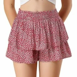 Allegra K Women's Floral Ruffle Smocked Waist Layered Skirt Shorts