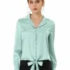 Allegra K Women's Elegant Button Down Shirts Puff Sleeve Tie Front Satin Blouse Top
