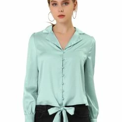 Allegra K Women's Elegant Button Down Shirts Puff Sleeve Tie Front Satin Blouse Top