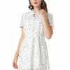 Allegra K Women's Turndown Collar Short Sleeve A-Line Floral Shirt Dress