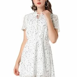 Allegra K Women's Turndown Collar Short Sleeve A-Line Floral Shirt Dress