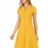 Allegra K Women's Cap Sleeve Cotton Shirtdress Work Button Down Midi Dress