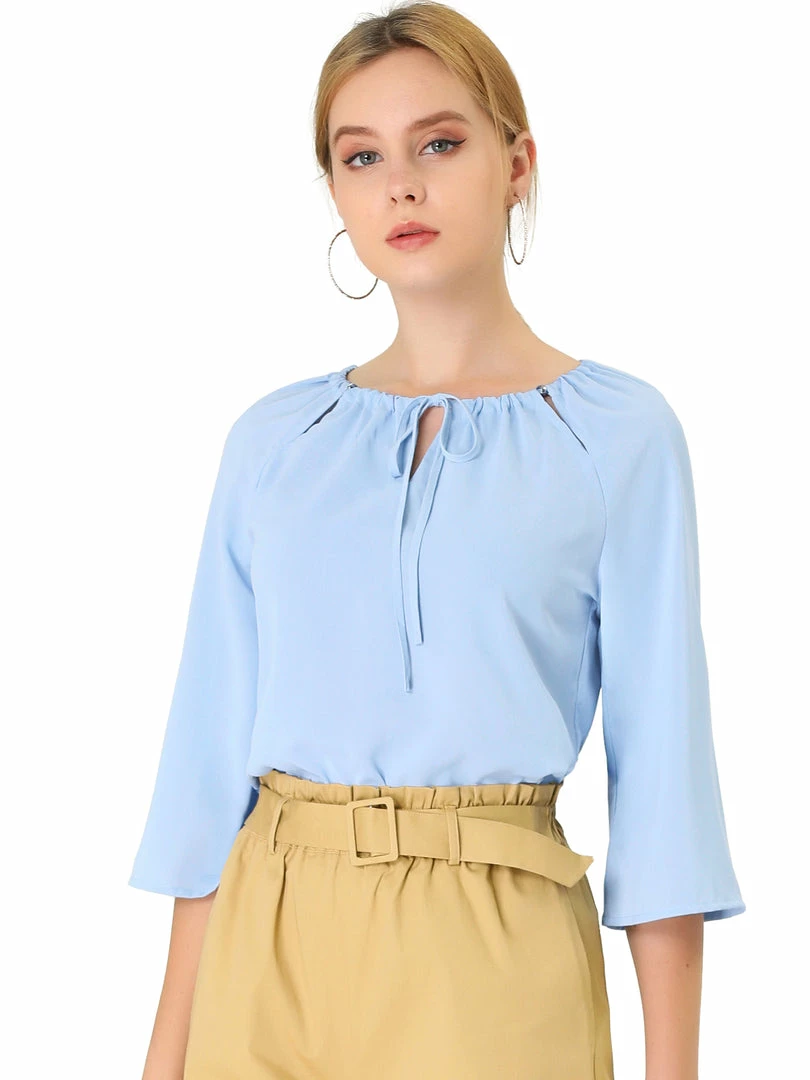 Allegra K Women's Self-Tie Neck Cut Out Raglan Sleeves Work Office Blouse Tops 3 Allegra K Women's Self-Tie Neck Cut Out Raglan Sleeves Work Office Blouse Tops