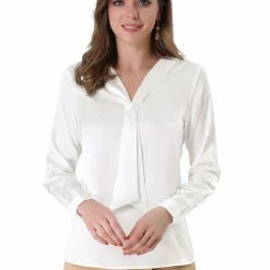 Allegra K Women's Tie Neck Blouse Long Sleeve Elegant Button Cuff Office Shirt