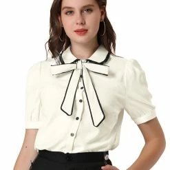 Allegra K Women's Peter Pan Collar Puff Short Sleeve Tie Neck Work Tops