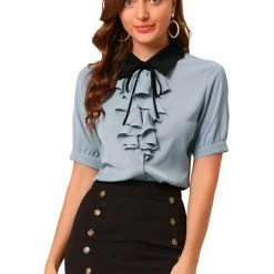 Allegra K Women's Contrast Collar Tie Ruffle Front Button Short Sleeve Work Shirt