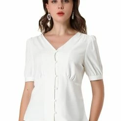 Allegra K Women's V Neck Office Button Front Puff Sleeves Blouse Top