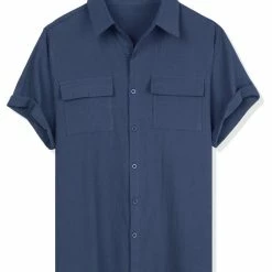 Allegra K Men's Summer Short Sleeves Button Down Solid Shirt With Pockets