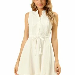 Allegra K Women's Mock Neck Sleeveless Cotton Tie A-line Dress