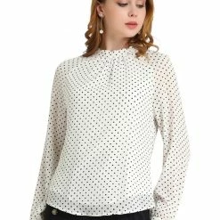 Allegra K Women's High Collar Long Sleeve Blouse Polka Dots Chiffon Office Spring Top Shirt