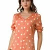 Allegra K Women's Satin Blouse V Neck Polka Dots Print Button Down Puff Sleeve Top Shirt