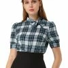 Allegra K Women's Plaid Tie Collar Neck Blouse Retro Short Puff Short Sleeve Shirt Top