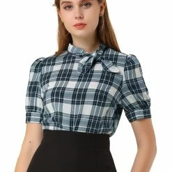 Allegra K Women's Plaid Tie Collar Neck Blouse Retro Short Puff Short Sleeve Shirt Top