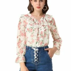 Allegra K Women's V-Neck Ruffle Collar Top Long Sleeve Valentine's Day Rose Floral Blouse