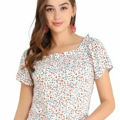Allegra K Women's Casual Short Sleeve Blouse Summer Square Neck Floral Tops