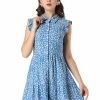 Allegra K Women's Full Placket Above Knee Gathering Print Flare Sleeve Dress