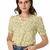 Allegra K Women's Peasant Floral Printed Short Sleeve Choker Neck Work Office Top Blouse
