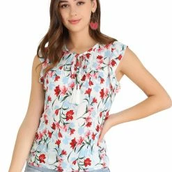 Allegra K Women's Floral Self Tie Neck Tassel Sleeveless Ruffle Shirt Blouse