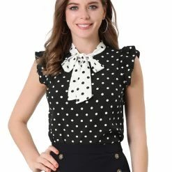 Allegra K Women's Dots Printed Tie Neck Contrast Color Office Work Blouse Top