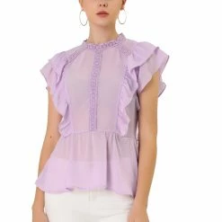 Allegra K Women's Short Sleeve Top Stand Collar Lace Inset Peplum Chiffon Blouse