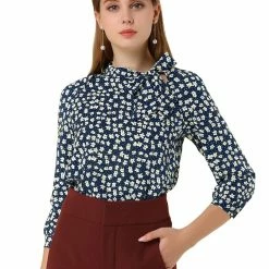 Allegra K Women's Tie Neck Long Sleeve Floral Blouse
