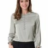 Allegra K Women's Ruffle Neck Bubble Sleeve Elastic Cuff Button Work Office Blouse
