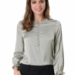 Allegra K Women's Ruffle Neck Bubble Sleeve Elastic Cuff Button Work Office Blouse