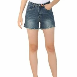 Allegra K Women's Frayed Raw Hem Casual Shorts With Pockets Denim Jean Shorts