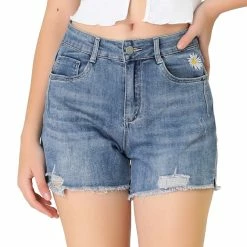 Allegra K Women's Denim Shorts Frade Frayed Hem Ripped Daisy Floral Summer Jeans