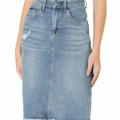 Allegra K Women's Basic Distressed High Waist Ripped Hem Washed Jeans Denim Skirt