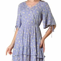 Allegra K Women's Floral Print V Neck Dresses A-Line Elastic Waist Flare Sleeve Ruffle Hem Dress