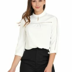 Allegra K Women's Choker Neck Keyhole Lace Inset 3/4 Sleeve Office Shirt Blouse
