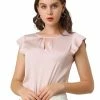 Allegra K Women's Cut Out Keyhole Back Straight Solid Pleated Cap Sleeve Blouse