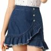 Allegra K Women's Ruffle High Low Hem Button Front Mini Jeans Denim Skirt