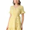 Allegra K Women's Floral Print V Neck Ruffle Hem Short Sleeve Faux Wrap Dress
