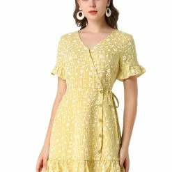 Allegra K Women's Floral Print V Neck Ruffle Hem Short Sleeve Faux Wrap Dress