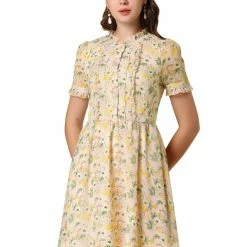Allegra K Women's Floral Ruffle Decor Puff Sleeves Chiffon Dress